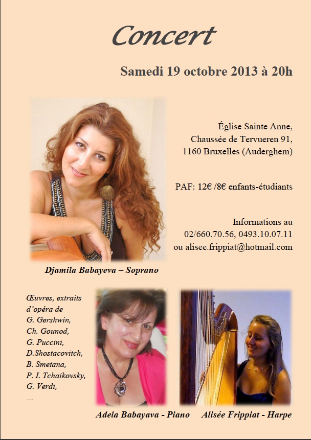 Affiche. Concert à Auderghem. Djamila Babayeva (soprano), Adela Babayeva (piano) et Alisée Frippiat (harpe). 2013-10-19